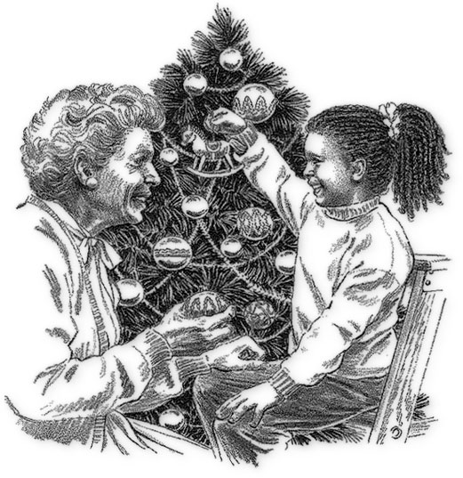 decorating Christmas tree with grandmother