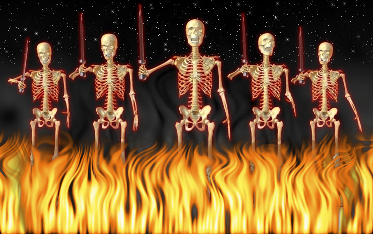 5 skeletons with swords, fire and smoke