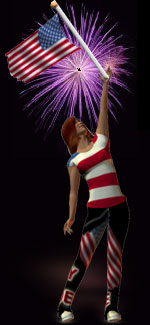girl holding American flag with fireworks