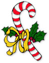 Christmas candy cane with long yellow ribbon and Christmas holly