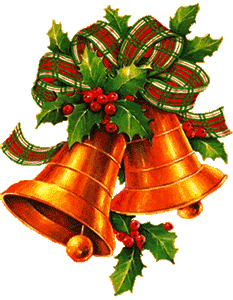 bells with holly and Christmas ribbons