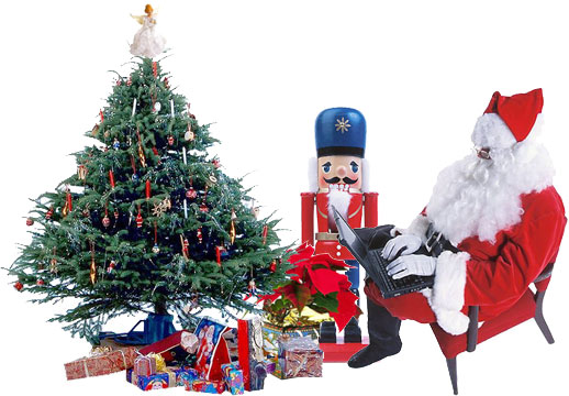 Santa making his list by a Christmas tree
