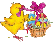 animated chick with basket of Easter eggs