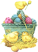 lots of chicks, eggs and a basket
