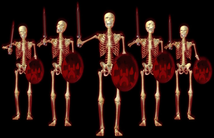 skeletons with swords and shields ready for battle