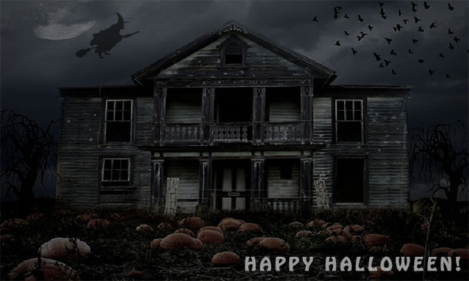 haunted house halloween scene with a flying witch
