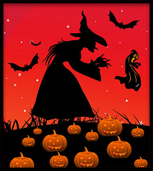 witch and jack-o'-lanterns