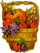basket of corn, pumpkins and other fruit
